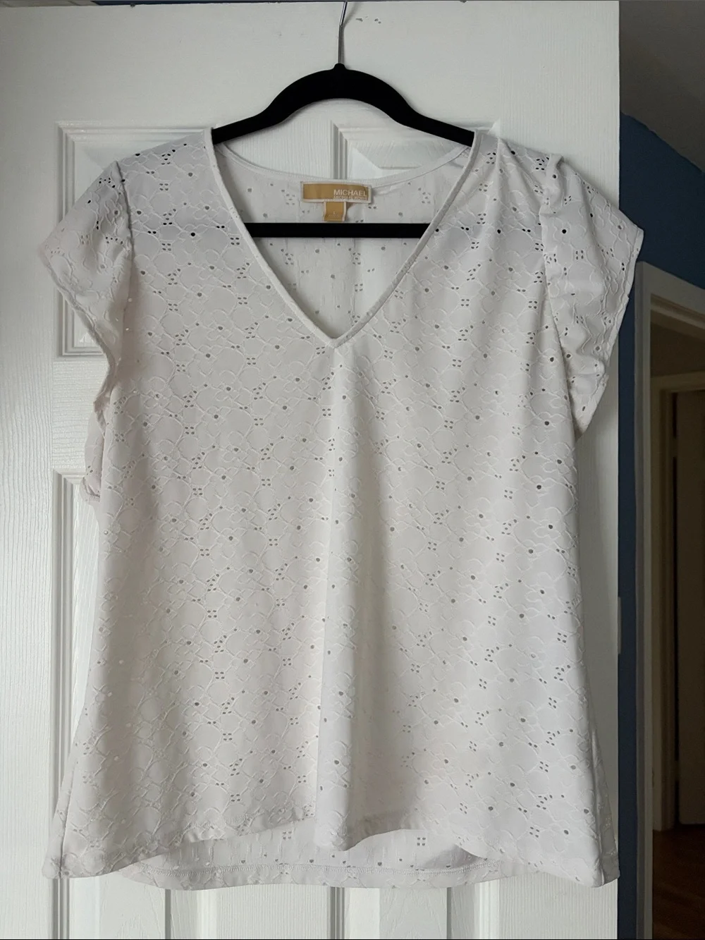 Michael Kors White Eyelet V-Neck Short Sleeve Blouse